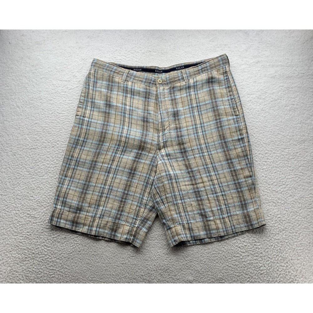 Tommy Bahama Bermuda Shorts Mens 39x11 (Tag 38) 100% Linen Plaid Casual Preppy